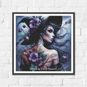 Spellbound in Violet (Small) - Witch High Difficulty Modern Full Coverage Cross Stitch Pattern For Advanced Stitchers. Printable PDF.
