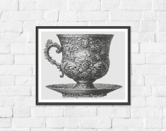 Victorian Cup - Minimalist Monochrome One Color Counted Cross Stitch Pattern. Downloadable PDF Pattern Keeper & Markup R-XP Tested.
