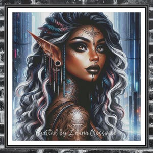 May include: A framed digital art print of a fantasy woman with long, wavy black and white hair. She has pointed ears, a nose ring, and intricate tattoos. The background features a futuristic cityscape with blue and pink hues. The text "charted by Zanna Crosswell" is at the bottom.
