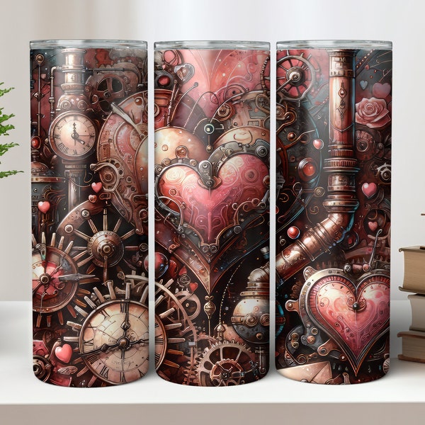 Cool Steampunk Heart Watercolor 20 & 30 oz Straight Skinny Tumbler Wrap Sublimation Seamless Design. Digital Download PNG.