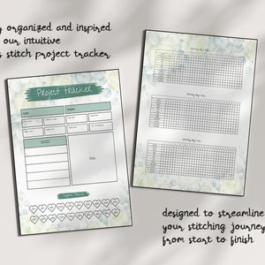 K&ouml;nnte beinhalten: Ein druckbarer Kreuzstich-Projekt-Tracker mit einem Aquarell-Blumenhintergrund. Der Tracker enth&auml;lt Abschnitte f&uuml;r Projektdetails, Notizen und die Fortschrittsverfolgung.
