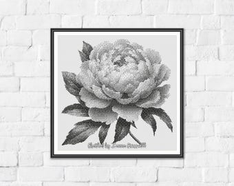 Peony - Minimalist Monochrome One Color Counted Cross Stitch Pattern. Downloadable PDF Pattern Keeper & Markup R-XP Tested.