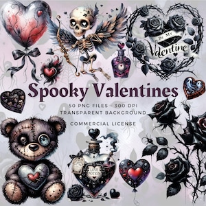 Spooky Valentine's Watercolor Clipart Bundle. Zestaw clipartów o ciemnej tematyce do sublimacji. Licencja na użytek osobisty i komercyjny. Pod dozwolone.