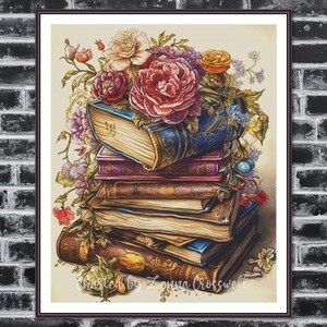 May include: A framed print featuring a stack of antique books adorned with a vibrant floral arrangement. The books have aged, textured covers in shades of brown, blue, and purple. The flowers include red, pink, and yellow roses, with green foliage.