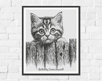 Peeking Kitty - Minimalist Monochrome One Color Counted Cross Stitch Pattern. Downloadable PDF Pattern Keeper & Markup R-XP Tested.