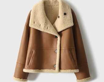 Women Brown Shearling Reversible Sheepskin Oversized Collar Jacket