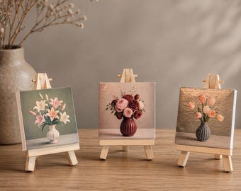Vintage floral painting on a wooden frame, romantic shabby chic decoration, mini textured painting 7x7 cm, decorative gift