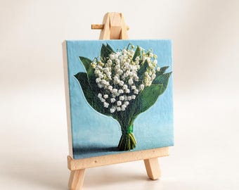Mini textured wooden lily of the valley painting, 7 x 7 cm, with wooden easel; miniature floral decoration; May Day gift idea