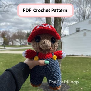 Red Super Plumber Bro Pattern, Low Sew Crochet, Amigurumi Instructions, Crochet Plushie Pattern, PDF Pattern, Intermediate Crochet Pattern