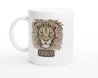 Lion Mandala Ceramic Mug with the Word "Strength", printed on 2 sides, White 11oz Ceramic Mug