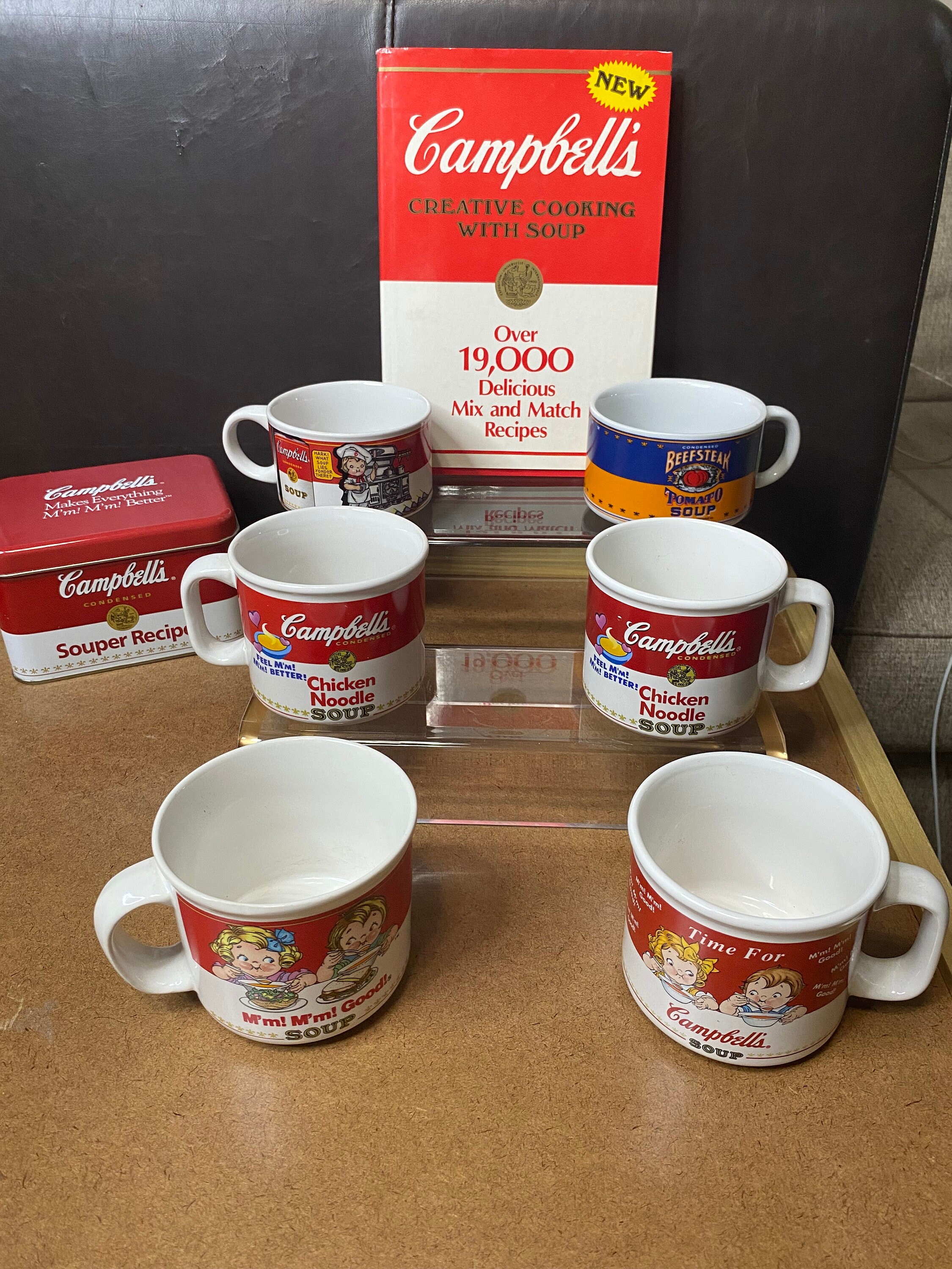 Lot of Vintage Campbells Soup Mugs Cups 1989-1997 plus Souper Recipe Tin  Vintage Cookbook