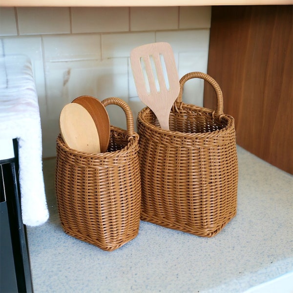 Rustic Hanging Wall Baskets, ECO- Friendly, Kitchen Storage, Bathroom, Pantry,Rattan Storage Baskets,Home Decor, Wooden Decor, Easter Basket