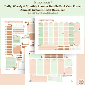 Daily Weekly & Monthly Planner Bundle Pack Digital Printable Download | Cute Forest Animal Cottagecore Planner | Planners for OCD/ADHD