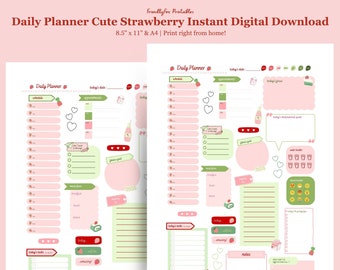 Descarga imprimible digital del planificador diario / Planificador diario de fresa lindo / Planificador diario rosa Kawaii / Planificadores para TOC/TDAH