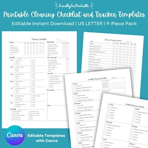 May include: A set of printable cleaning checklists and trackers in black and white. The checklists are designed for daily, weekly, monthly, semi-annual, and annual cleaning tasks. The trackers include a weekly cleaning schedule, a daily cleaning schedule, and an ultimate cleaning tracker. The checklists and trackers are editable and can be used with Canva.