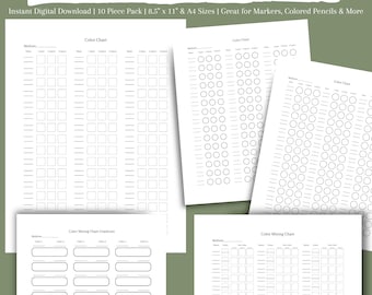 May include: Printable colour swatch chart pack with 10 charts for organising and mixing colours. The charts include sections for colour names, colour swatches, and colour mixing gradients. The charts are designed for use with markers, coloured pencils, and other art supplies.
