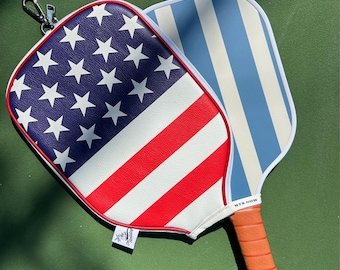 Funda de cuero para paletas de pickleball con la bandera estadounidense patriótica, regalo perfecto para jugadores y fanáticos del pickleball
