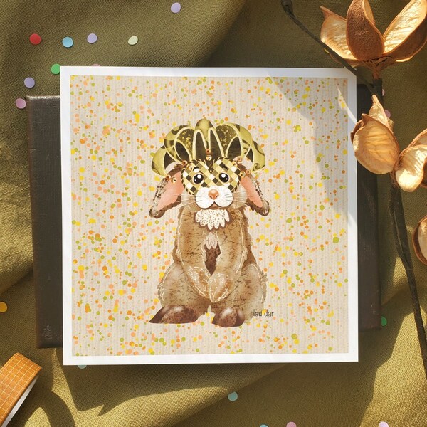 Illustration lapin carrée pour enfant, adorable lapin Carnaval de Venise, cadeau anniversaire cute, jolie décoration à offrir, marque-page