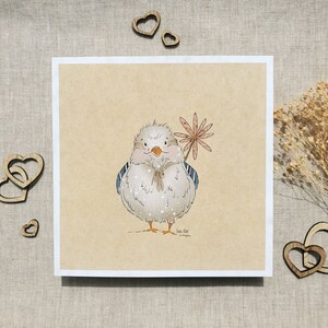 Square bird & flower illustration, portrait of a baby bird holding a pink flower, Mother&#39;s Day illustration, wall decoration, gift.