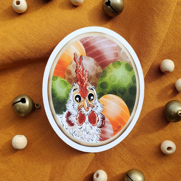 Autocollant poule et oeufs de Pâques colorés, sticker animal rigolo fini brillant, décoration et cadeau originaux pour la fête de Pâques.