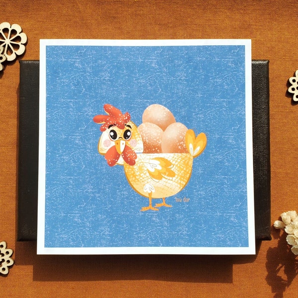 Illustration poule carrée chicken, poule orange/rouge fond bleu, décoration murale et marque-page faits à la main, illustration pour enfant.