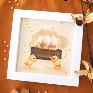 Square animal chick illustration - two adorable amazed chicks - birth gift, child, handmade wall decoration