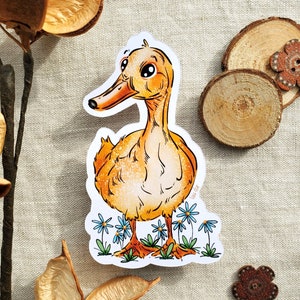 Autocollant canard jaune et fleurs bleues, sticker coloré, cadeau d'anniversaire, fini brillant, animal cute pour smartphone, carnet,...