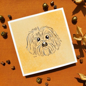 Illustration chien carrée A5/A6, portrait d'un chien au cerné noir sur fond ocre texturé, décoration murale, cadeau à offrir ou à s'offrir