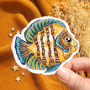 Vinilo de pez decorado con flores, bonito pez naranja y azul, adhesivo de animales con acabado brillante, alegre libreta, decoración de diario.