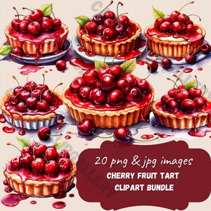 Baked Goods, cherry fruit tart  watercolor clipart, dessert png , fruit tart, scrapbook, junk journal, logo elements,bullet journal stickers