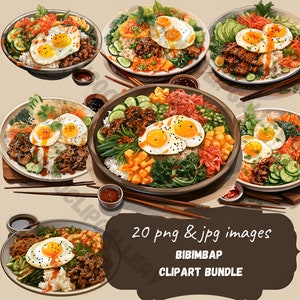 healthy food, bibimbap watercolor clipart, dessert png graphics, bibimbap, healthy food, scrapbook, junk journal, logo elements, download