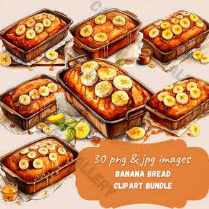 Puede incluir: Ilustración en acuarela de varias hogazas de pan de plátano en moldes rectangulares, cubiertas con rodajas de plátano. La imagen incluye un tarro de miel, rodajas de plátano y el texto "30 png & jpg images BANANA BREAD CLIPART BUNDLE."