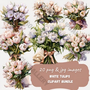 Watercolor Flower clipart, 20 High resolution PNG, white tulips clipart, tulips stickers, scrapbook, junk journal, bullet journal stickers