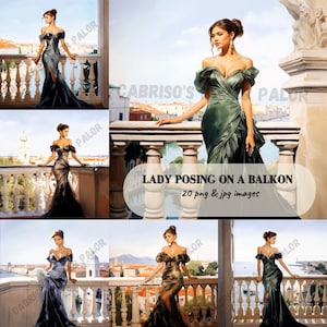 Paquete de imágenes prediseñadas de acuarela, mujer posando con vestido, fiesta de graduación, boda PNG transparentes para hacer tarjetas y uso comercial