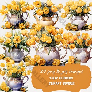May include: A set of 20 digital images featuring yellow tulips in vintage teapots. The images are ideal for crafting, scrapbooking, and other creative projects.