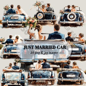 Peut inclure: Un ensemble de 20 illustrations numériques d'une voiture vintage avec une pancarte "Just Married". La voiture est bleue et blanche et a un bouquet de fleurs à l'arrière. Les illustrations sont dans un style aquarelle et sont parfaites pour les invitations de mariage, les pages de scrapbooking et autres projets créatifs.
