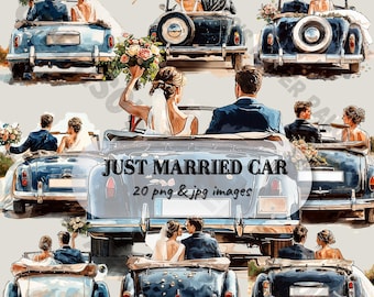 Watercolor Just Married Car Clipart – Bride & Groom PNG (Digital Download)
