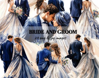 Blue Watercolor Bride and Groom Clipart – PNG Illustrations (Digital Download)