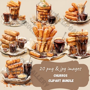 Watercolor Fast food clipart, 20 High resolution PNG, churros clipart, commercial use instant download, churros stickers, menu printables