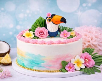 Cake Topper Toucan with Leaf & Rose – Tropical Cake Decoration Exotic – Summer Birthday, Hawaiian Party, Jungle Cake