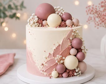 May include: A round cake with smooth off-white frosting featuring a diagonal textured mauve smear. The top and side are decorated with clusters of mauve and cream spheres, small star-shaped piped frosting, and sprigs of white baby's breath flowers.