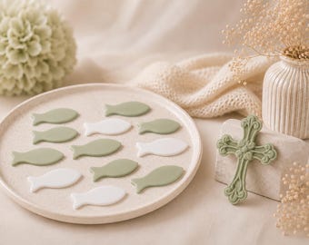 Fondant Fish & Cross – Edible Cake Decoration for Baptism and Communion, Sage Green White