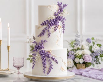 May include: A three-tier white cake decorated with cascading purple wisteria flowers and delicate gold leaf accents. The cake features a smooth white frosting finish and is displayed on a round white and gold cake stand.
