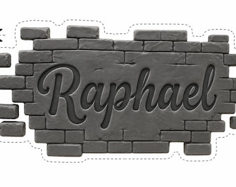 May include: A dark gray, rectangular brick wall plaque featuring the name Raphael embossed in a cursive script font. The plaque has a jagged, irregular edge with a dashed line border and a small scissor icon in the upper left corner.