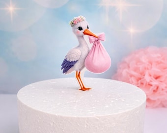Edible stork cake topper made of fondant, handmade baby cake decoration