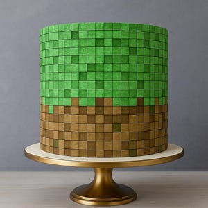 Può includere: Una torta rotonda decorata con un design pixelato, che ricorda un campo erboso sopra la terra. La torta è verde sopra e marrone sotto, su un supporto dorato.