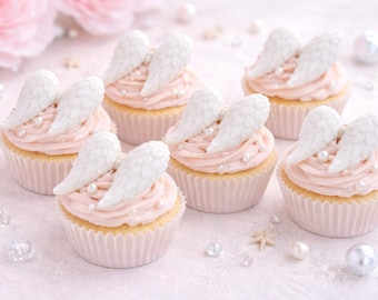 6-piece set of edible fondant angel wings | Cake decoration for baptisms and communions | White angel wings for cakes and cupcakes | Cake topper