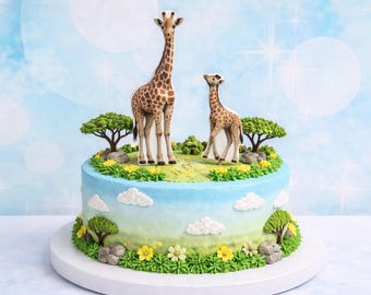 Edible Cake Topper Giraffe Set (2-piece) Fondant 15 cm & 7.5 cm – Safari Cake Decoration for Inserting