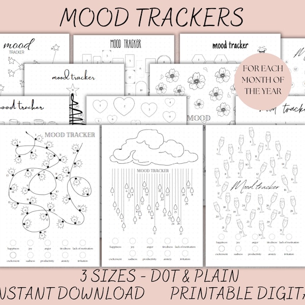 Monthly Mood Tracker Printable, Mental Health Trackers, Mood Journal, Mood Chart Printable, Emotion Tracker Set, Bullet Journal Kit