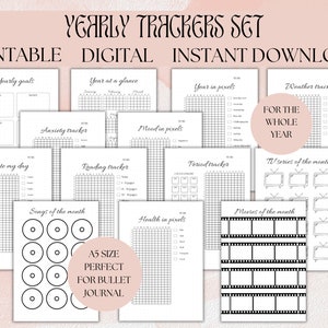 Jährliche Tracker Bundle, bedruckbare A5 Bullet Journal Seiten, Vorteilspaket